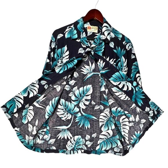 Vintage Hilo Hattie Hawaiian Black Teal Blue Floral Button-Up Shirt Mens Large - Picture 3 of 11